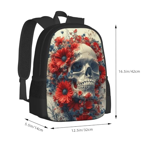 Image of Floral Skull Print Backpack For Men Women Lightweight Daypack For Daily Commutes Business Travel Hiking