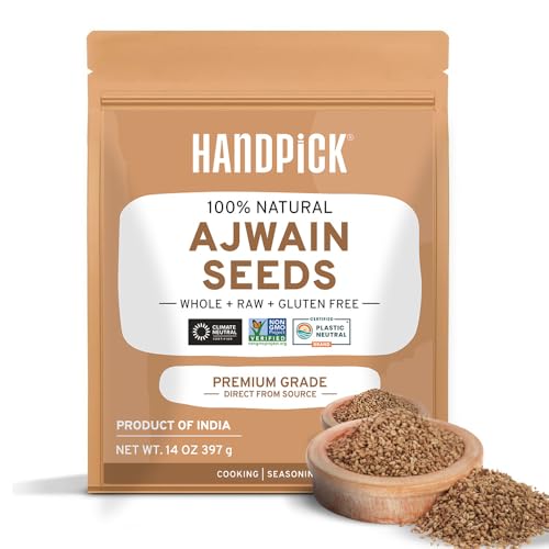 HANDPICK Ajwain Seeds (397g/14oz) Whole Carom Seeds | Vegan, Gluten free, Non GMO | Raw Carom Bishops, Indian Origin | Packed in Resealable Ziplock Pouch
