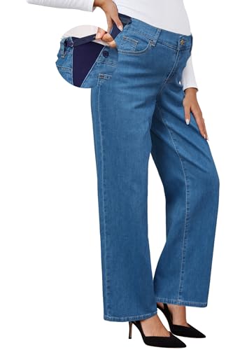 OUGES Womens Stretchy Maternity Jeans Loose Fit Straight Leg High Waist Denim Wide Leg Business Casual Work Pants Pregnancy Must Haves Mom Jeans Trendy Maternity Clothes(Medium Blue,M)