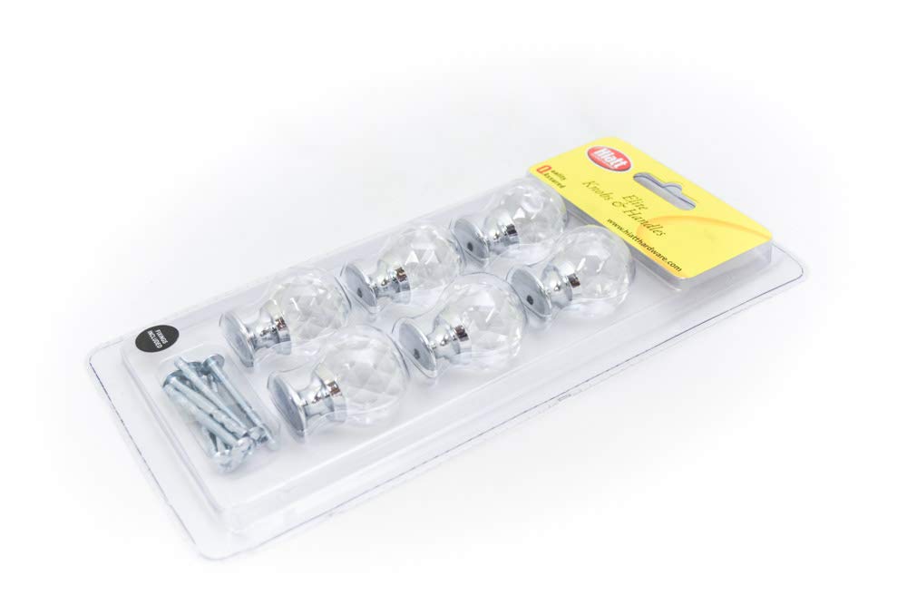 Hiatt Hardware Glass Clear - Faceted Design Glass Cabinet Drawer Knob - 30Mm - Pack 6 - Polished Chrome - Fixings Included