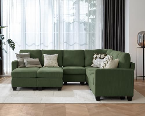 Image of CHIC HOUSE Modular Corner Sectional Sofa with Storage Ottoman, Corduroy L-Shaped Couch, Compact Small Space Furniture for Living Room & Apartment, (Green, 9 Seater L-Shaped)