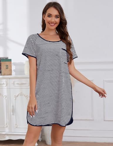 Image of VibeVista Cotton Nightgowns for Women Summers Striped House Dresses Short Sleeve Crew Neck Sleepwear Sleepshirts Sleep Dress