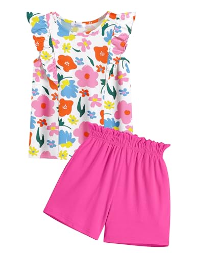 Arshiner Girls Two Piece Outfits Cute Ruffle Sleeve T-Shirts and Beach Shorts Sets Kids Summer Clothes Hot Pink Flower 8-9Y