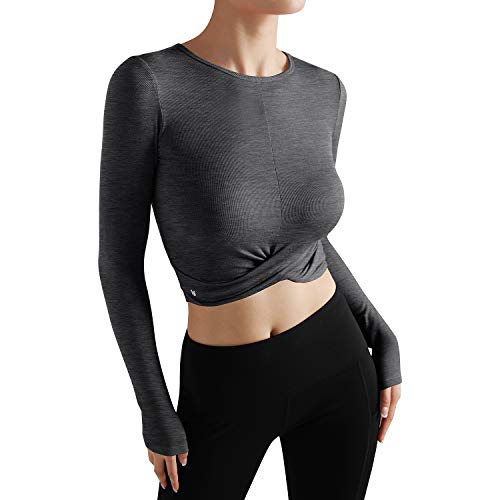 ODODOS Women's Crop Top Front Wrap See Through Cover Long Sleeve Top, Charcoal, Small