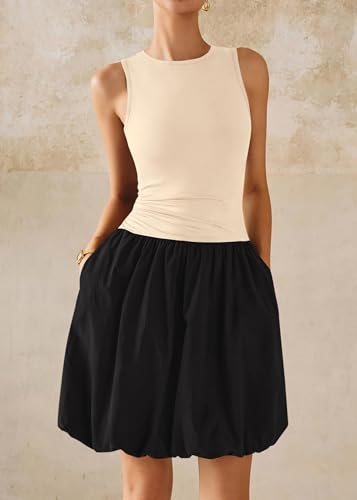 Image of KIRUNDO Summer Dresses for Women 2026 Cute Mini Sleeveless Bubble Dress | Stretchy Ruched Front Cinched Waist, Woven Balloon Skirt, Crewneck Tank Sundress With Pockets, Casual Party Vacation Outfits