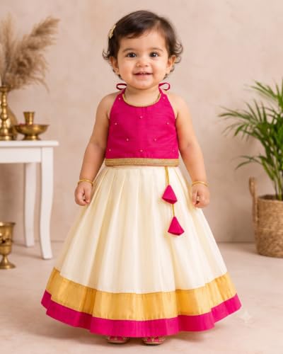 Image of Stanwells Kids Baby Girl Dress Cream Gold Pattu Pavadai Cotton Silk Lehenga Choli Kerala Kasavu South Indian Onam Festival Traditional Ethnic Wear