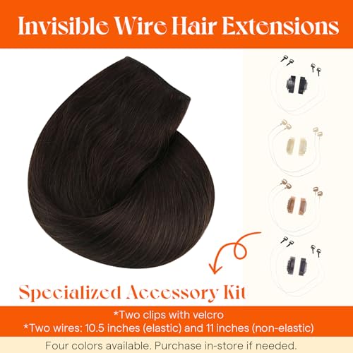Sunny Hair Wire Hair Extensions Real Human Hair Fish Line Human Hair Extensions Invisible Wire Extensions Darkest Brown #2 20 Inch