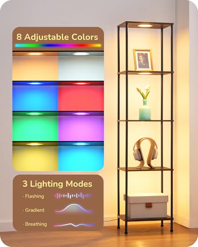 Image of EDISHINE RGBW Floor Lamp with 5-Tier Display Shelves, Remote Control | 2700K-6500K, 3 Lighting Modes, Farmhouse Fire-Burned Wood for Living Room, Bedroom, Office