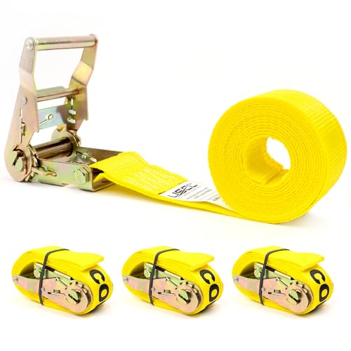 US Cargo Control Endless Ratchet Straps 2 Inch x 10 Foot (4-Pack) 4 400 LBS Break Strength Yellow Ratchet Straps with Wide Handle Ratchet Endless Straps for Cargo Bundling Flatbed Trailers
