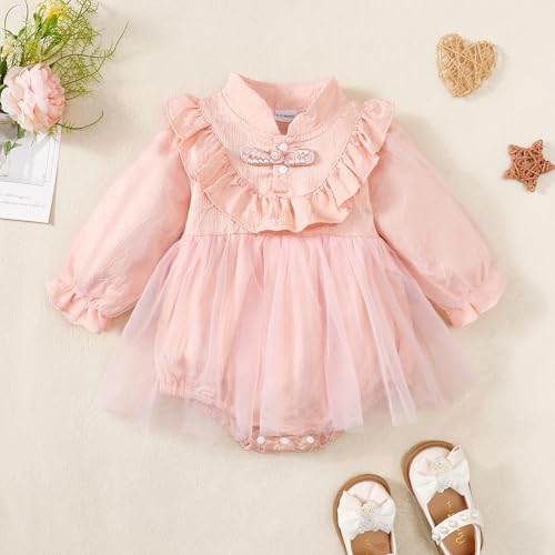 Newborn Baby Girl Romper Dress Tulle Long Sleeve Onsies Dress Fall Princess Wedding One-Piece Dresses2