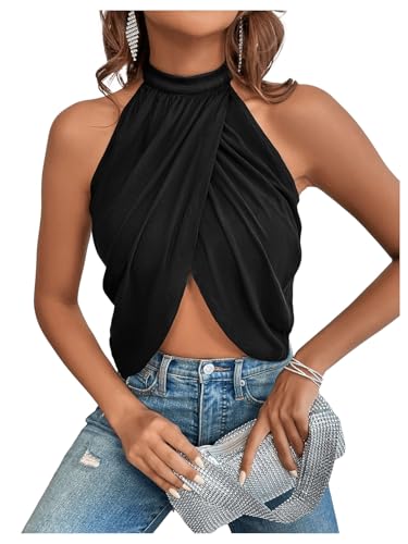 GORGLITTER Women's Rhinestone Open Back Halter Tops Sleeveless Wrap Crop Top Club Going Out Tops2