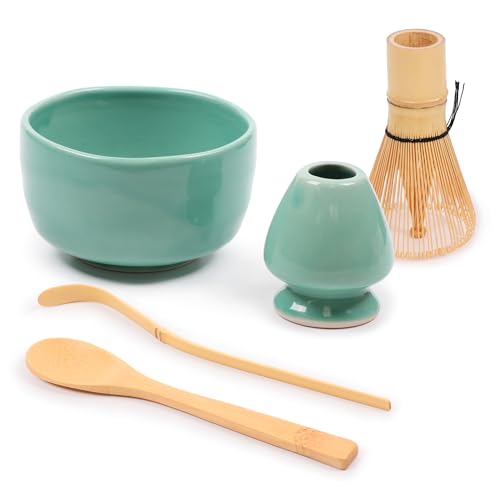 BambooMN Brand - Matcha Bowl Set (Includes Bowl, Rest,Tea Whisk, Chasaku, & Tea Spoon) 1 Set Green