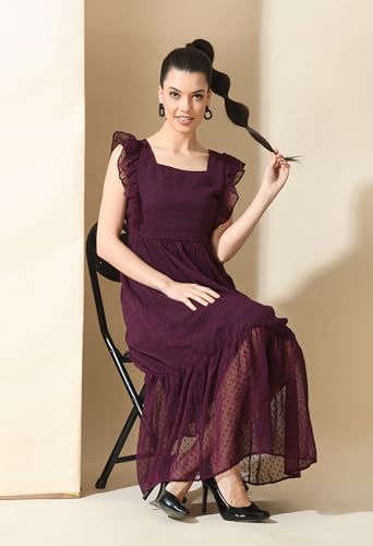 Image of IUGA Georgette Jacquard Butti Square Neck Knee Length Western Dresses for Women