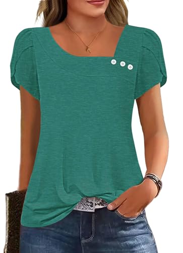 Image of Womens Petal Sleeve Tops Summer Trendy T Shirt Casual Loose Square Neck Button Blouse Tees