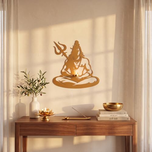 Image of Shiva Wall Decor with Tealight Candle Holder | Gold Powder Coated Iron Wall Art | Metal Wall Hanging for Living Room, Bedroom, Mandir & Home Decoration | 17.75 x 18 Inch