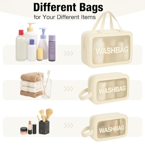 Image of Cosmetic Pouch, Make up Bag for Home & Travel, Toiletry Bag for Cosmetics, Brushes, Accessories Set of 3 - Wash Bag - Light Pink and Black (Blue) (Beige)