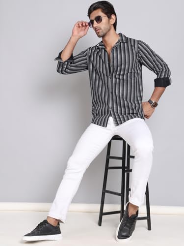 Image of Indian Needle Black Stripes Cotton Regular Fit Men's Casual Shirt (Black, XL)