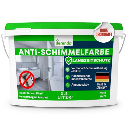 derendo Anti Schimmel Farbe weiß innen 2.5 Liter Wandfarbe Badezimmer Feuchtraumfarbe Schimmel-Stopp Langzeitschutz Schimmelentfernung 2,5l