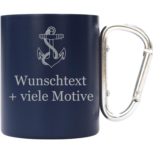 Edelstahl Tasse Blau mit Karabiner 250 ml mit Gravur und Motiv - personalisierter Outdoor Becher, Camping Tasse, Geschenk für Bergliebhaber, Gipfelstürmer, Wanderfreunde