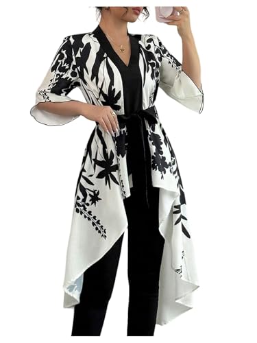 MakeMeChic Women's Floral Bell Sleeve Blouse V Neck High Low Tie Front Work Dressy Tops
