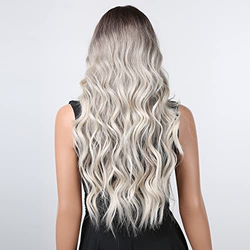 Gray Wigs For Black Women Long Ombre Brown Grey Curly Wig With Air Bangs Dark Roots Heat Resistant Synthetic Wig For Daily Use #TOP4