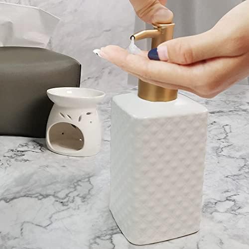 ohihuw Gold Soap Dispenser, Ceramic Lotion Pump Bottle with Refined and Vintage Emboss, Home Decoration for Bathroom or Kitchen (White)