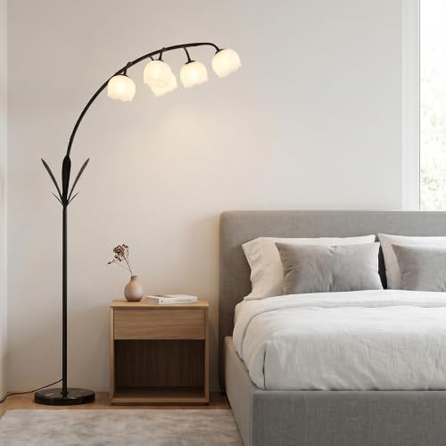 Image of HMVPL Black Floor Lamp for Living Room, Flower Floor Lamp with 5 G9 LED Bulbs, Foot Switch, Arc Standing Lamp with Acrylic Shade,Marble Base, Cute Tall Lamp for Living Room Corner Bedroom Reading Home