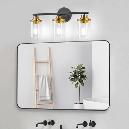 Image of Bathroom Light Fixtures,Vanity Lights,Black and Gold Bathroom Lights Over Mirror,Gold Black Vanity Light,20'' Black Gold 3-Light Modern Sconce