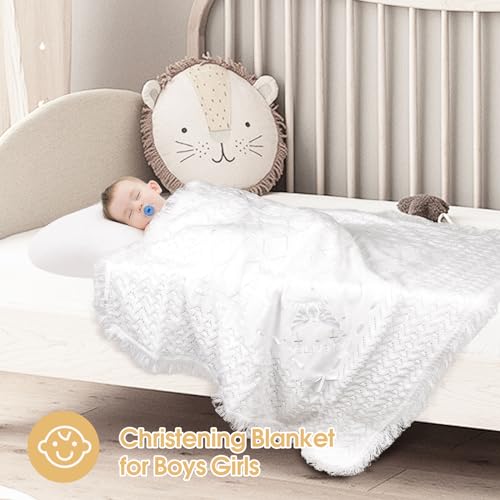 Image of Baby Blanket for Boys Girls Baptism Christening Gifts for Girl Boys Easter Soft White Knitted Shawl Receiving Crochet Blankets Towel for Neutral Newborns Toddler