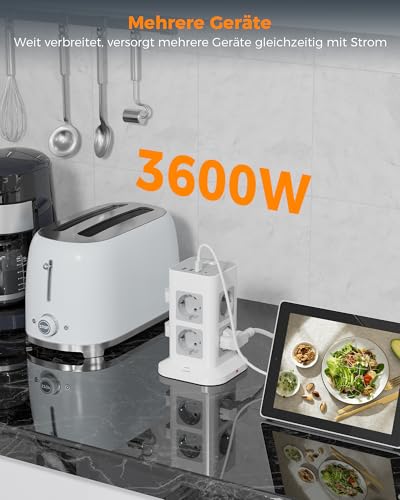 TESSAN 8 Fach Mehrfachsteckdose mit USB C und 3 USB A, Verlängerungskabel 5M Verteilersteckdose, Steckdosenleiste Überspannungsschutz, Mehrfachstecker mit Schalter für Zuhause, Steckdosenturm 3600W