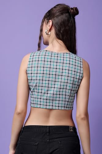 Image of POPWINGS Casual Check Printed V-Neck Sleeveless Button Closure Waistcoat Crop Top for Women || Stylish Western Woman Crop Top for Summer || Sleeveless V-Neck Crop Tops for Women