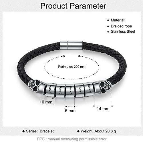 Personalized Men Black Braid Bracelet, Custom Leather Bracelet For Men With 2-5 Names Engraved Names Beads Unisex Engraved Men's Id Bracelet For Birthday Father's Day Valentine's Day For Boyfriend (5 Names) #TOP1