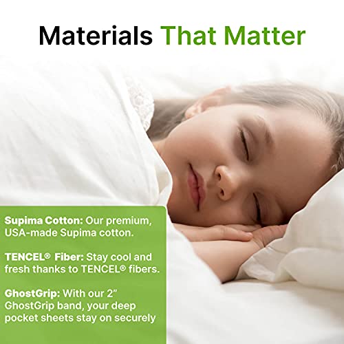 GhostBed Twin XL Cooling Luxury Sheet Set – Supima Cotton & Tencel, Deep Pocket Fitted Sheet, Wrinkle Resistant, 3-Piece White Bed Sheets, Twin XL Bedding Set