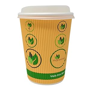 12 oz. Compostable Eco-friendly Hot Cup with Bio Lining[144 Count], Ripple Wall Insulated Disposable Coffee cups(No sleeves needed), Leak-Proof & Microwave Safe Paper cups