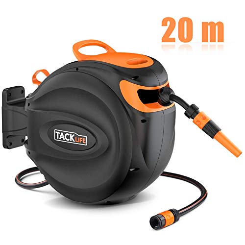 Preisvergleich Produktbild TACKLIFE Schlauchtrommel, 20+2m Wand-Schlauchtrommel, 180° Schwenkbar, Automatischer Rückzug, Beliebige Längensperre, inklusive 20m Qualitätsschlauch, Wandhalterung und Sprühdüse
