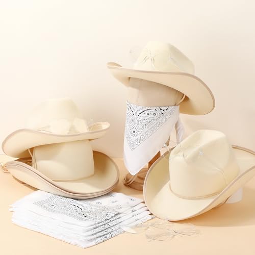 Image of Coume 6 Sets Cowboy Hat with Heart Sunglasses and Paisley Bandanas Western Cowgirl Hat for Cosplay Costume Adults(Beige, White)