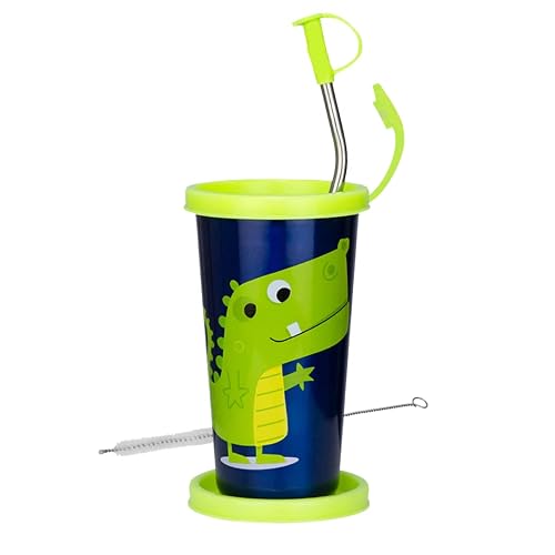 PDDFALCON Stainless Steel Cartoon Print Glass/Tumbler With Steel Straw,Cleaning Brush & Food Grade Cap for Straw, 100% Leak Proof, BIS Certified, Jindal Seal & Made In India- 450ml (Green Crockey)