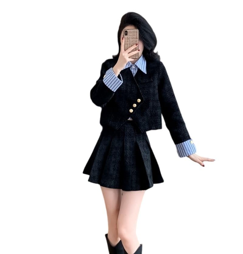 Ensemble tweed coréen femme jupe et veste courte style patchwork