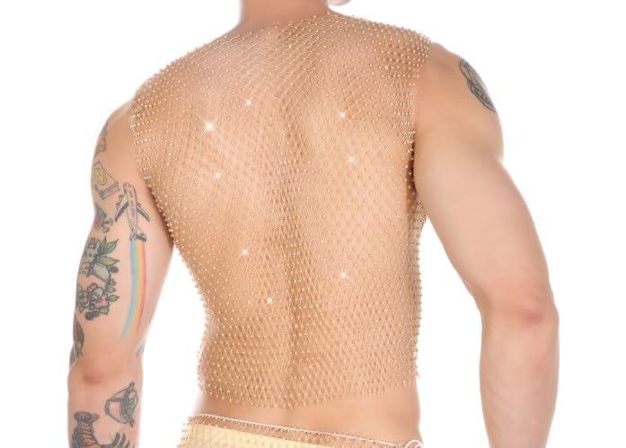ABAFIP Men's Rave Outfit Sheer Rhinestone Top Sleeveless Tanks Crop Top Fishnet Vest Music Festival Shirt3