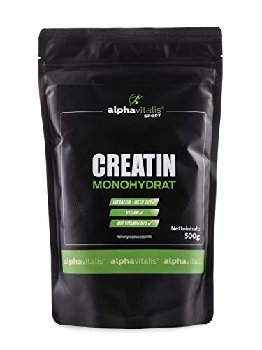 Creatin Monohydrat Pulver - 500g Premium Creatine mit Mesh 200 und Vitamin B12 als fein-kristallines Pulver - Für Bodybuilding und Fitness von alphavitalis SPORT