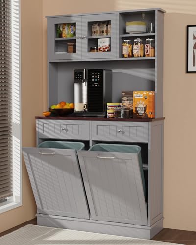 YOCONYO Double Tilt Out Trash Cabinet Storage Cabinet 20 Gallon with Two Solid Wood Hideaway Trash Holder Drawers, Dual Wooden Free Standing Recycling Cabinets Trash Can Bin Kitchen (Gray)