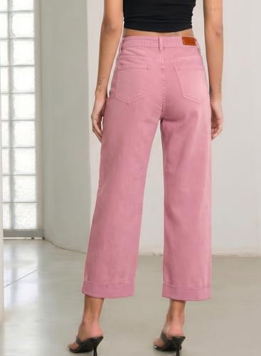 Image of Sidefeel Barrel Jeans for Women High Waisted Wide Leg Baggy Stretchy Trendy Raw Rolled Hem Capri Cropped Ankle Denim Pants