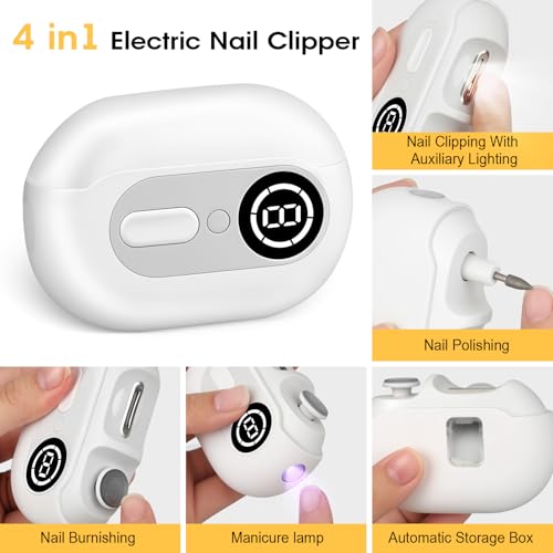 4-in-1 Elektrischer Nagelknipser – Elektrischer Nageltrimmer mit LED-Licht,UV-Lampe und Aufbewahrung von Nagelresten Automatischer Elektrische Nagelknipser für Babys, Senioren und Erwachsene
