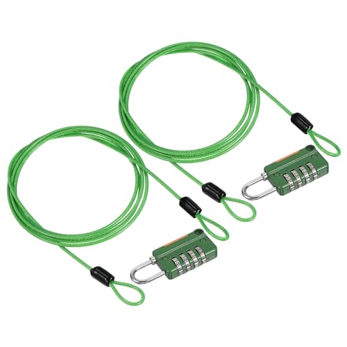 Image of PATIKIL Security Steel Cable with 4 Digit Combination Lock, 2 Set 4.9Ft Coated Safety Wire Rope Double Loop Padlock for Outdoor Travel Luggage, Green