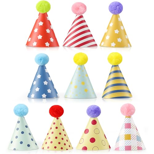 10PCS Mini Birthday Hats for Stuffed Animals Dog Cat Mini Party Hats with Pom Poms Cute Small Stuffed Animal Birthday Party Hat for Kittens Rabbits Small Dogs