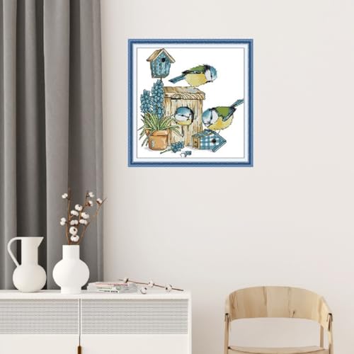 Image of Qeerysew Cross Stitch Kits Stamped Full Range of Embroidery Starter Kits for Beginners DIY - Printed Kit Mockingbird House (Printed) 14CT11.4x11.8 inches