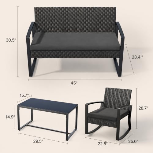 Image of Ahomly 4 Piece Outdoor Patio Furniture Set with Rocking Chairs, Black