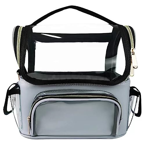 kamumanni Travel Makeup Bag, Waterproof Cosmetic Cases for Traveling, Makeup Brushes Holder Organizer with Adjustable Dividers, Train Case for Women, Grey Blue