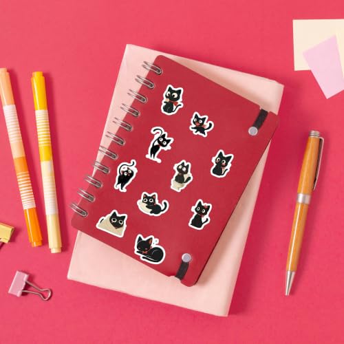 Image of Cute Black Cat Sticker Pack of 52 - Kawaii Cartoon Kitty Vinyl Stickers for Laptop, Water Bottle, Notebook, Journal, Scrapbook, Phone Case, Luggage & DIY Decoration | Adorable Cat Lover Collection