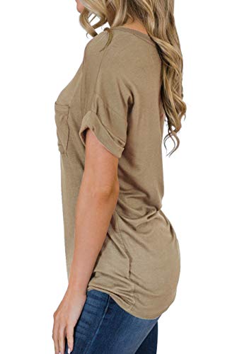 Women's Short Sleeve V-Neck Shirts Loose Casual Tee T-Shirt Khaki #TOP1